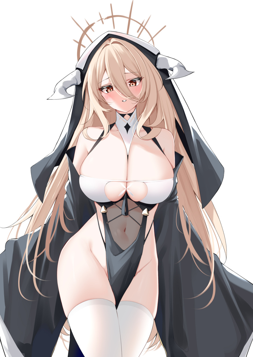 1girl absurdres azur_lane bare_shoulders between_breasts black_gloves blonde_hair breast_cutout breasts catnnn cleavage covered_navel cowboy_shot detached_sleeves fake_horns gloves habit hair_between_eyes highleg highleg_panties highres horns implacable_(azur_lane) large_breasts long_bangs long_hair looking_at_viewer nun panties pelvic_curtain revealing_clothes see-through thighhighs two-tone_dress underwear veil white_horns white_thighhighs