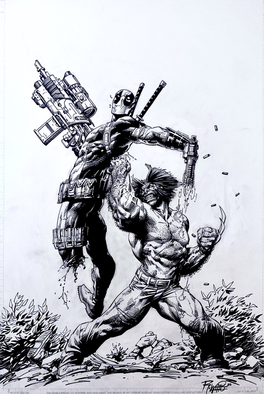 artist_name bodysuit claws commentary deadpool deadpool_(series) english_commentary firing full_body greyscale hairy_chest highres male_focus marvel mask monochrome severed_leg severed_limb topless_male western_comics_(style) williswho wolverine x-men