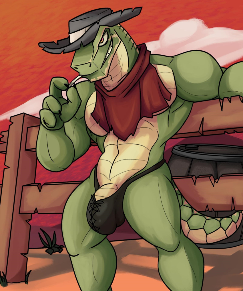 anthro bandanna barazoku biceps bulge claws clothing cloud cocky cocky_smile cowboy cowboy_hat dillon's_rolling_western gallo_(dillon's_rolling_western) green_body green_scales grin hat headgear headwear hi_res kerchief leather lizard male manly mostly_nude multicolored_body multicolored_scales muscular muscular_anthro muscular_male nintendo outside reptile scales scalie sky skyscape smile solo standing sunset tail tan_body tan_scales thong toothpick two_tone_body two_tone_scales underwear urbanmonster western wild_west