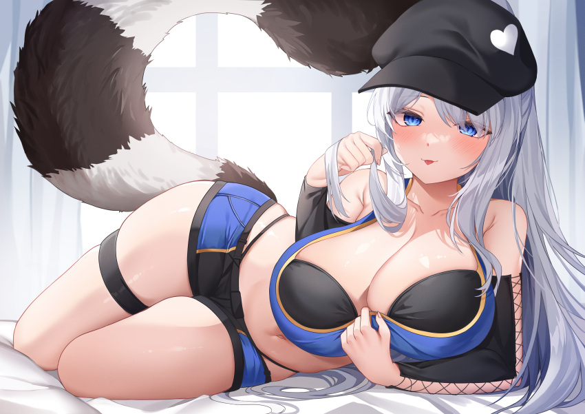 1girl :p absurdres baseball_cap bed_sheet black_shorts blue_eyes blue_shirt blush breasts cleavage collarbone commission crop_top curtains deogho_(liujinzy9854) detached_sleeves grey_hair hat heart highres indoors large_breasts long_hair looking_at_viewer lying navel on_bed on_side original raccoon_tail shirt shorts solo tail tongue tongue_out window