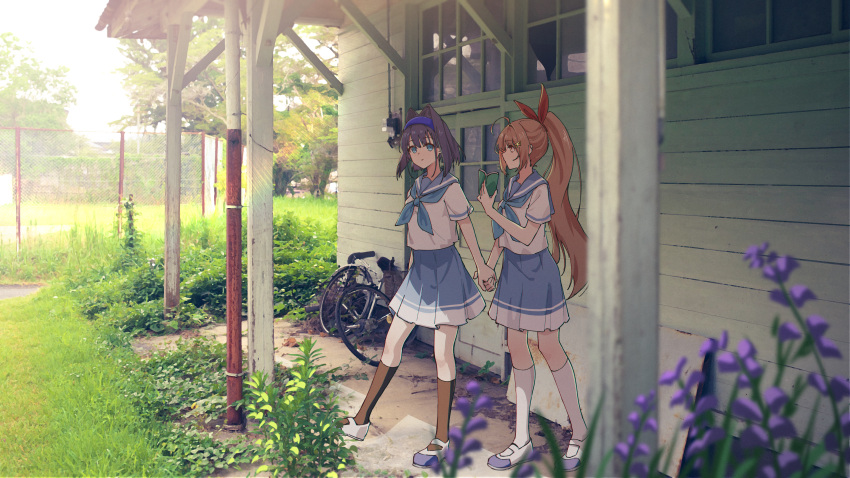 2girls absurdres ahoge alternate_costume bicycle blue_eyes blue_hair blue_neckerchief blue_skirt book brown_eyes brown_hair commentary fence flower foliage grass hair_intakes hair_ornament hair_ribbon hairband hairclip highres holding holding_book holding_hands hololive hololive_english jl_tan kitauji_high_school_uniform kneehighs lens_flare long_hair multicolored_hair multiple_girls nanashi_mumei neckerchief ouro_kronii outdoors photo_background pleated_skirt ponytail purple_flower ribbon sailor_collar school_uniform shoes short_hair skirt socks streaked_hair tree uwabaki very_long_hair virtual_youtuber window yuri