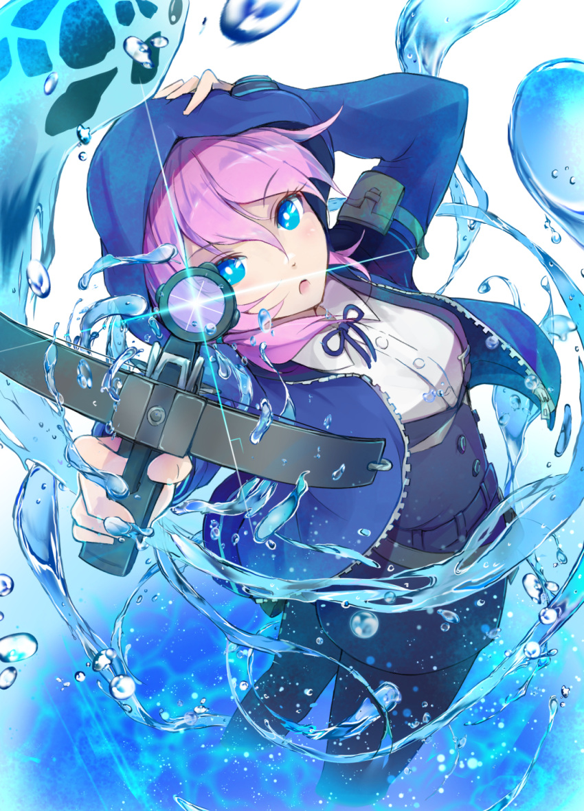 1girl aiming aiming_at_viewer arknights blue_bow blue_eyes blue_jacket blue_poison_(arknights) bow collared_shirt crossbow hair_between_eyes hand_on_own_head highres holding holding_weapon hood hood_up hooded_jacket jacket long_sleeves looking_at_viewer open_clothes open_jacket pink_hair shirt solo v-shaped_eyebrows water weapon white_shirt yatsu_(yatsu_a_yatsu) zipper