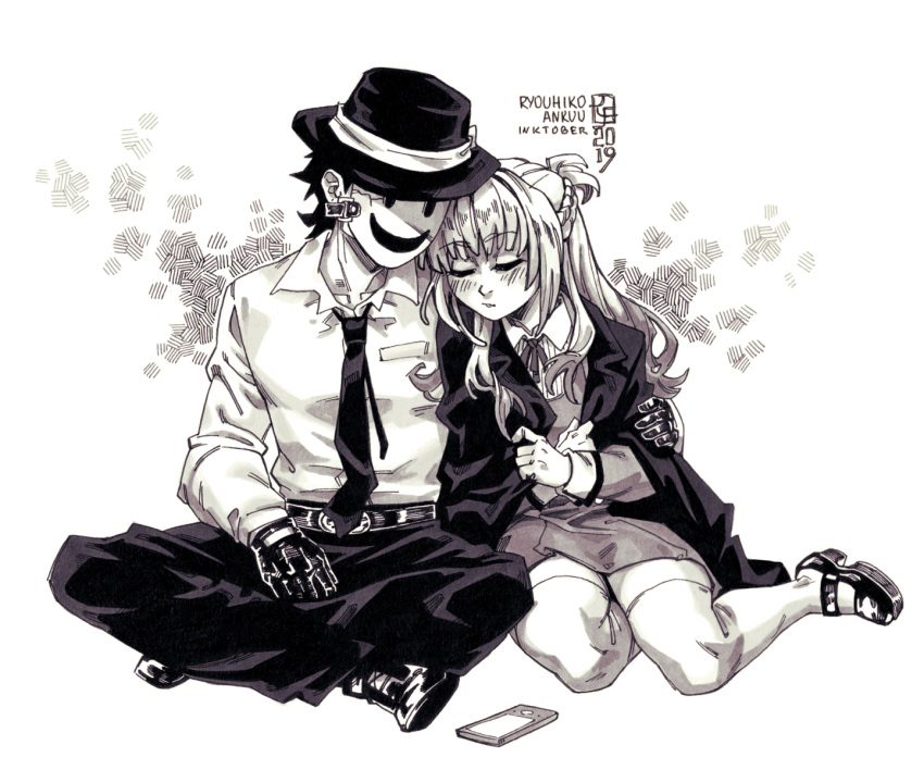 1boy 1girl artist_name blush braid collared_shirt crossed_legs dress english_commentary fedora full_body greyscale hat highres inktober jacket long_sleeves mary_janes mask monochrome neck_ribbon necktie pants parted_lips ribbon ryouhiko_ankuu scene_reference shinzaki_kuon shirt shoes simple_background sitting sleeping sleeping_on_person sniper_mask_(tenkuu_shinpan) tenkuu_shinpan thighhighs traditional_media yokozuwari