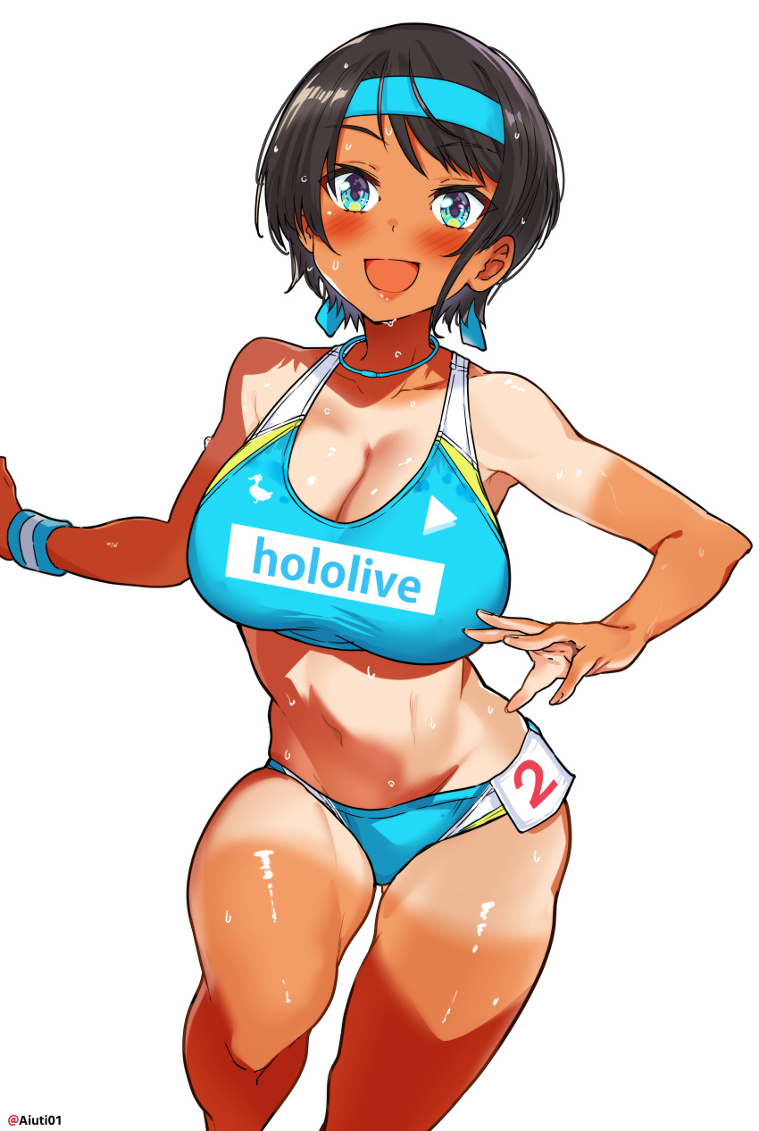 1girl absurdres aiuti black_hair blue_buruma blue_eyes blue_hairband blue_sports_bra blue_wristband breasts buruma cleavage copyright_name feet_out_of_frame hairband highres hololive large_breasts midriff one-piece_tan oozora_subaru short_hair simple_background solo sports_bikini sports_bra tan tanlines white_background