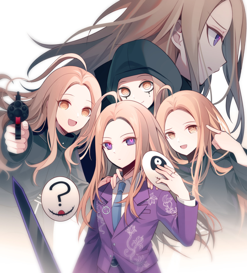 5boys :d ? ahoge aiming aiming_at_viewer black_coat black_eyeliner blonde_hair blue_necktie brown_eyes closed_mouth coat collared_shirt covered_face cropped_torso empty_eyes eyeliner furrowed_brow gun hand_up highres holding holding_gun holding_mask holding_weapon hood hood_up jacket jewelry long_hair long_sleeves looking_at_viewer makeup makoto_kagutsuchi male_focus mask master_detective_archives:_rain_code multiple_boys multiple_persona necktie open_mouth pants pointing pointing_at_self pointing_at_viewer pointing_gun profile purple_eyes purple_jacket purple_pants qiao_xing ring shirt smile spoilers sword unworn_mask upper_body weapon white_shirt