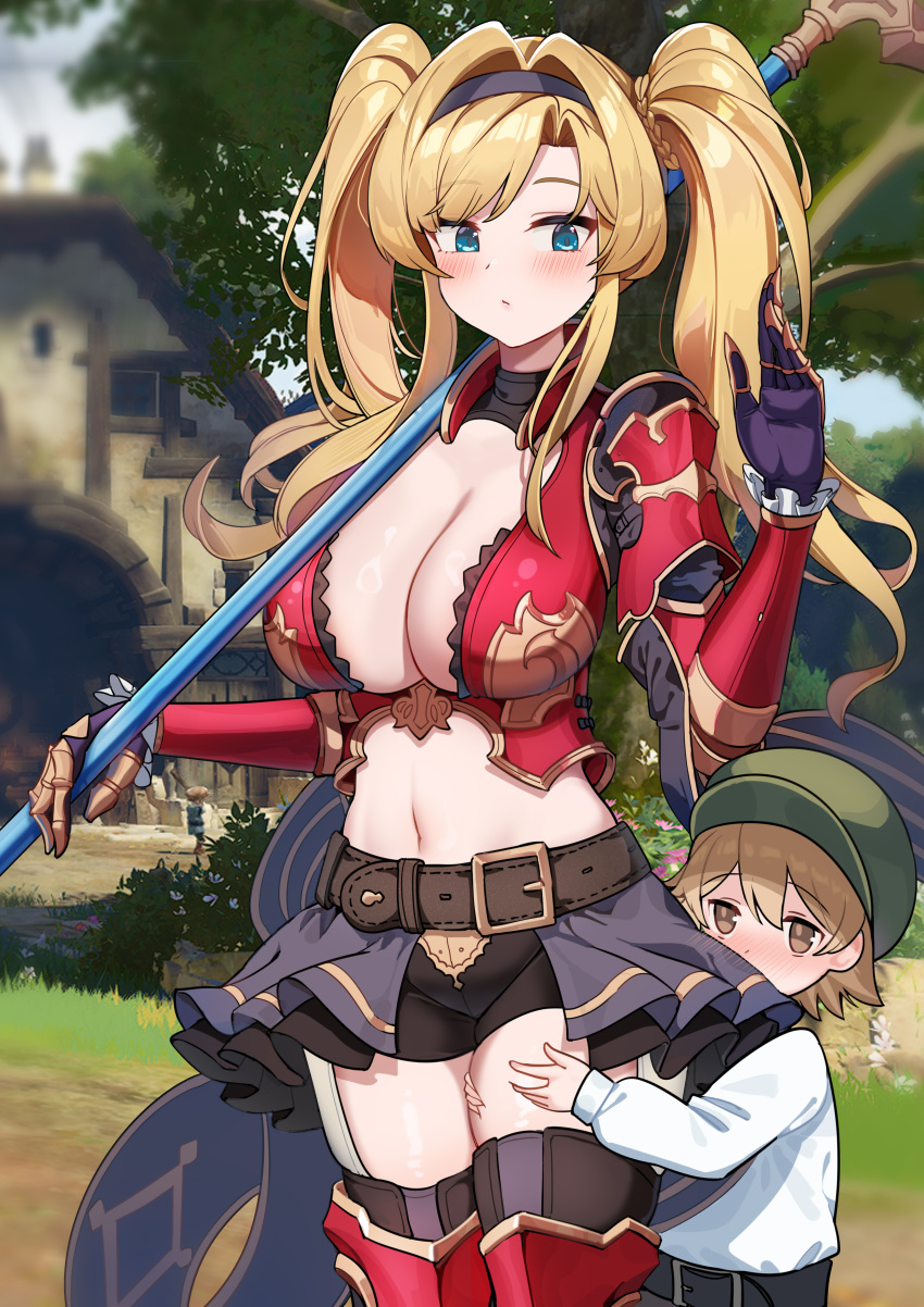 1boy 1girl absurdres age_difference armor belt bike_shorts black_gloves black_shirt black_shorts black_skirt black_thighhighs blonde_hair blue_eyes boobplate bracer breasts claw_ring cleavage cleavage_cutout closed_mouth clothing_cutout cowboy_shot crop_top day dishui_tangni gloves granblue_fantasy greaves hairband hand_up highres holding holding_polearm holding_weapon hugging_another's_leg large_breasts long_hair looking_down midriff miniskirt navel outdoors pleated_skirt polearm shirt short_shorts shorts shorts_under_skirt shoulder_guard showgirl_skirt skirt standing stomach thighhighs thighs twintails undershirt weapon zeta_(granblue_fantasy)