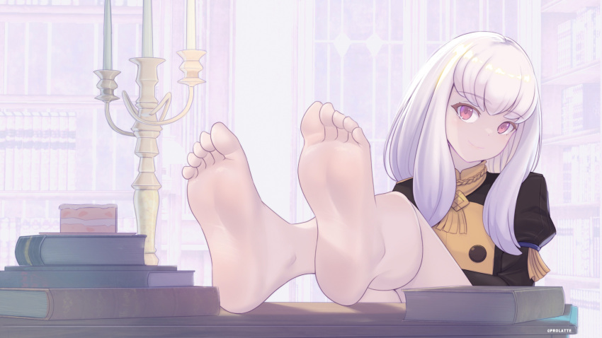 1girl barefoot book book_stack bookshelf cake cake_slice candelabra candlestand commentary commission desk feet feet_on_table fire_emblem fire_emblem:_three_houses food garreg_mach_monastery_uniform ghhoward highres long_hair long_sleeves looking_at_viewer lysithea_von_ordelia pink_eyes pixiv_commission smile soles solo uniform white_hair