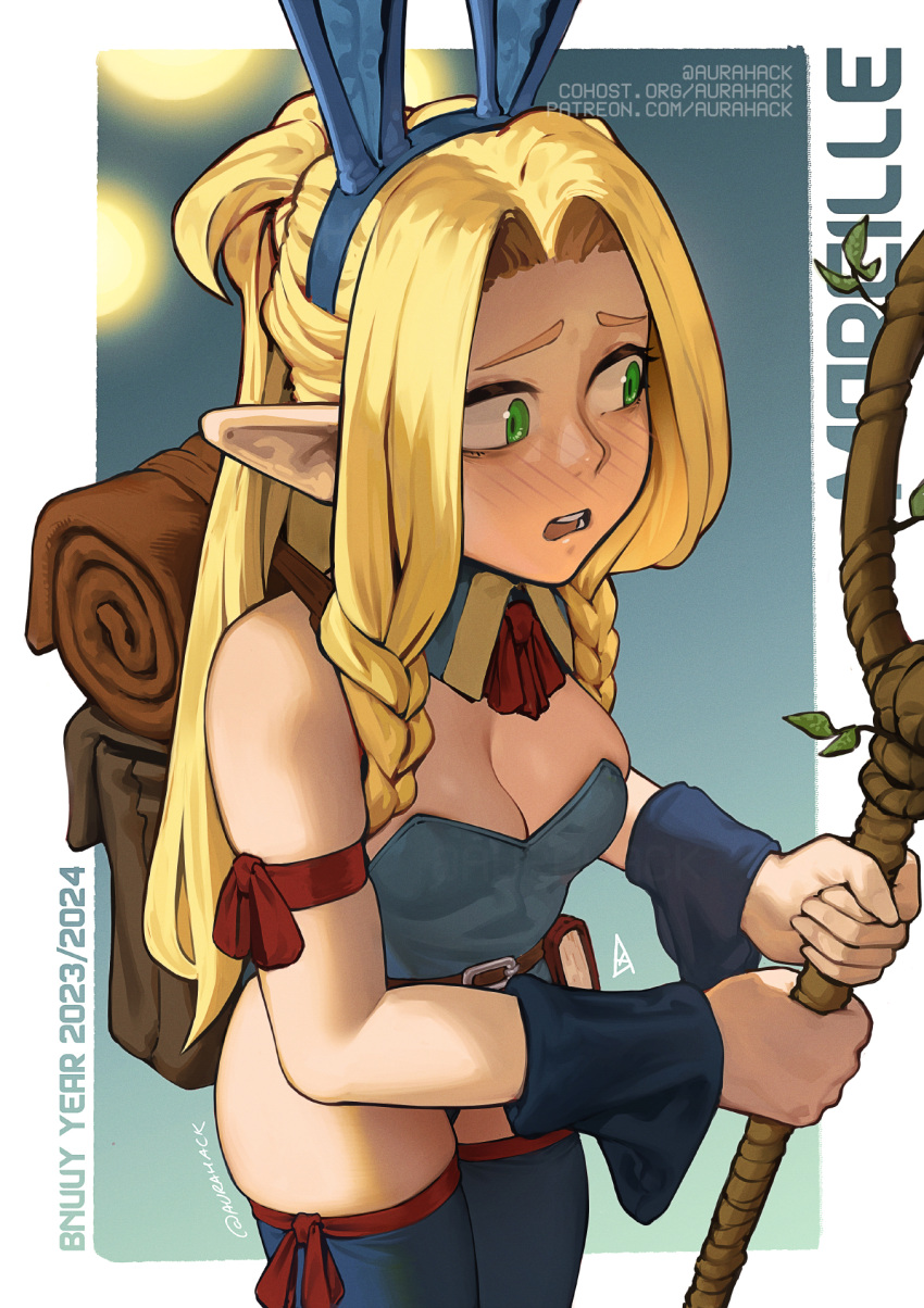 1girl adapted_costume animal_ears arm_ribbon ascot aurahack averting_eyes backpack bag bedroll belt blonde_hair blue_leotard blue_thighhighs blush book book_holster braid breasts cleavage commentary detached_collar detached_sleeves dungeon_meshi elf english_commentary fake_animal_ears green_eyes hair_pulled_back highres holding holding_staff large_breasts leotard long_hair marcille_donato nose_blush playboy_bunny pointy_ears ponytail rabbit_ears red_ascot ribbon side_braids solo staff strapless strapless_leotard thighhighs