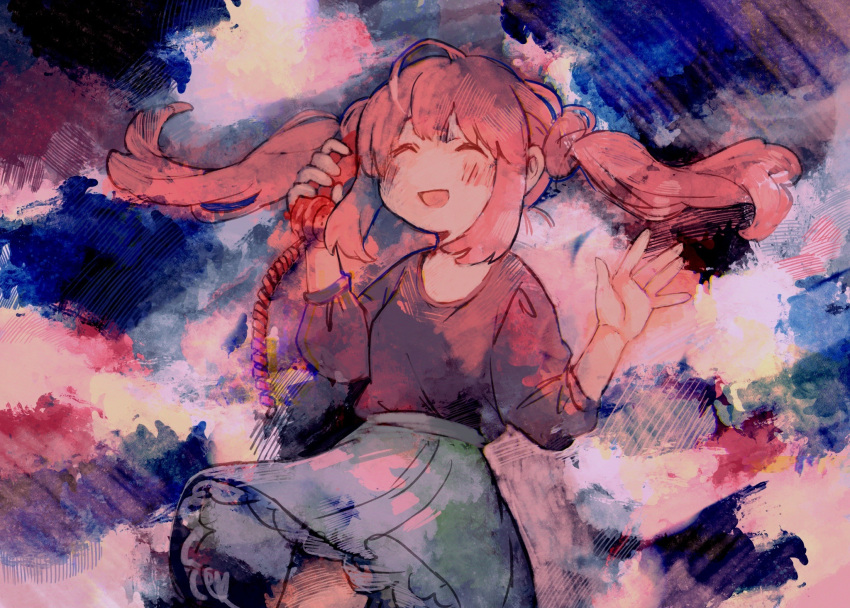 1girl :d ^_^ abstract_background ahoge black_shirt blush closed_eyes commentary_request corded_phone grey_skirt hands_up highleg_skirt highres holding holding_phone kezuru long_hair open_mouth original phone pink_hair shirt skirt smile solo twintails