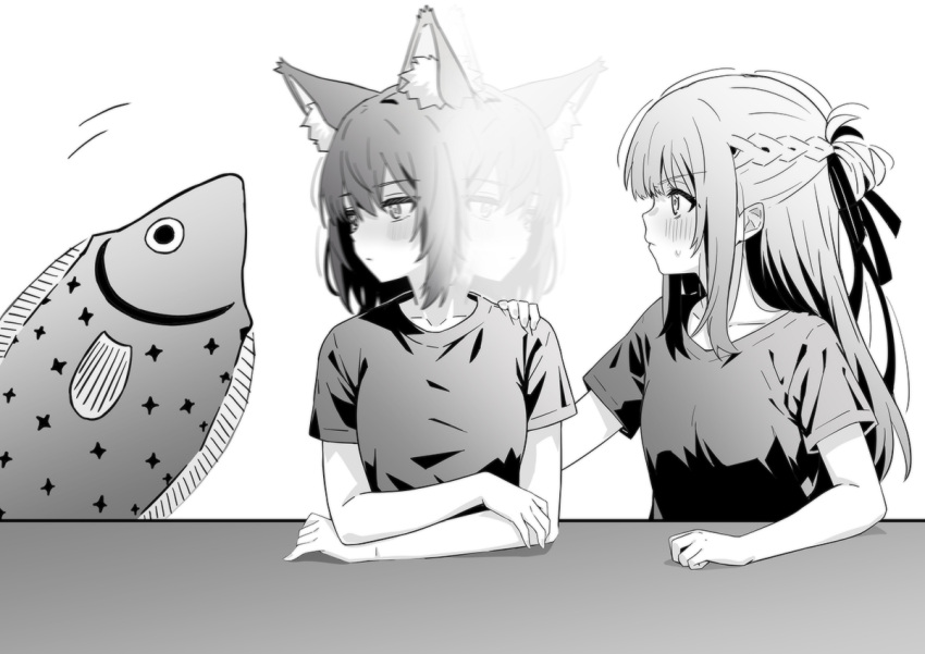 2girls afterimage blush braid closed_mouth commentary_request french_braid greyscale hair_ribbon kemonomimi_mode long_hair looking_at_another lwmina70119 medium_hair meme miyagi_shiori monochrome multiple_girls ribbon sendai_hazuki shirt short_sleeves shuuniichido_classmate_wo_kau_hanashi stuffed_animal stuffed_fish stuffed_toy sweatdrop the_weaker_sex_1_(gibson)