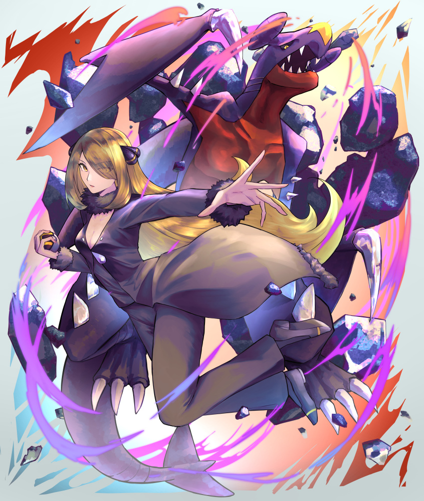 1girl absurdres blonde_hair breasts cleavage closed_mouth coat commentary_request cynthia_(pokemon) dedemaru fur-trimmed_coat fur_collar fur_trim garchomp hair_ornament hair_over_one_eye highres holding holding_poke_ball long_hair long_sleeves outstretched_arm pants poke_ball pokemon pokemon_(creature) pokemon_dppt rock shirt shoes ultra_ball