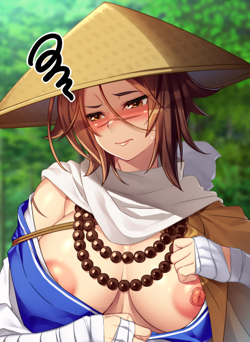 1girl 846-gou ajirogasa bandaged_arm bandages bead_necklace beads blush breasts brown_eyes brown_hair fate/grand_order fate_(series) hat highres jewelry large_breasts necklace nipples opened_by_self outdoors scar scar_on_arm scar_on_face scar_on_nose scarf solo sugitani_zenjubou_(fate) white_scarf