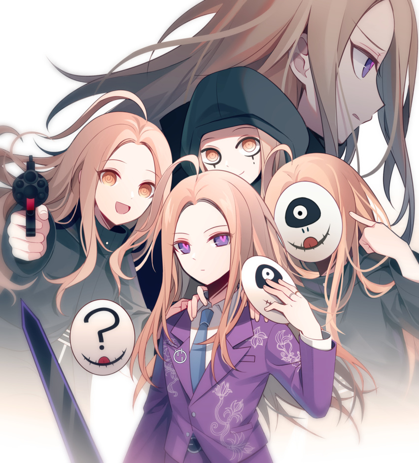 5boys :d ? ahoge aiming aiming_at_viewer black_coat black_eyeliner blonde_hair blue_necktie brown_eyes closed_mouth coat collared_shirt covered_face cropped_torso empty_eyes eyeliner furrowed_brow gun hand_up highres holding holding_gun holding_mask holding_weapon hood hood_up jacket jewelry long_hair long_sleeves looking_at_viewer makeup makoto_kagutsuchi male_focus mask master_detective_archives:_rain_code multiple_boys multiple_persona necktie open_mouth pants pointing pointing_at_self pointing_at_viewer pointing_gun profile purple_eyes purple_jacket purple_pants qiao_xing ring shirt simple_background smile spoilers sword unworn_mask upper_body weapon white_background white_shirt