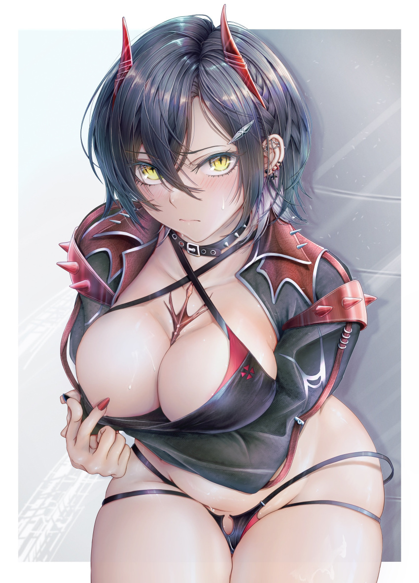 1girl absurdres azur_lane black_hair breasts cleavage commander_kei ear_piercing hair_between_eyes highres horns jacket large_breasts latex latex_bra latex_panties long_sleeves official_alternate_costume panties piercing race_queen red_horns short_hair solo ulrich_von_hutten_(azur_lane) ulrich_von_hutten_(ignition_matrician)_(azur_lane) underwear yellow_eyes