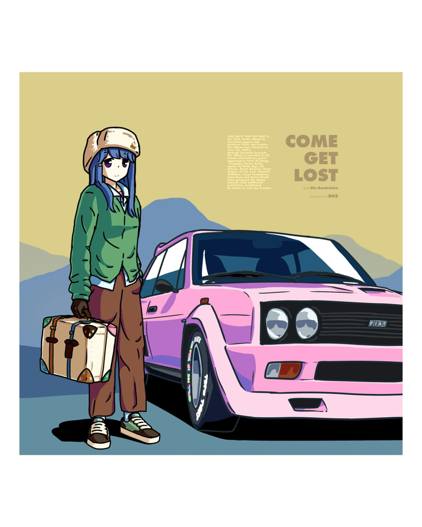 1girl artist_name black_footwear black_gloves blue_hair blue_shirt briefcase brown_headwear brown_pants car character_name cosplay duz english_commentary english_text fiat fiat_131_abarth fur_hat gloves green_jacket hat highres holding holding_briefcase jacket long_hair looking_at_viewer motor_vehicle pants papakha purple_eyes real_life shadow shima_rin shirt shoes smile sneakers solo tyler_the_creator tyler_the_creator_(cosplay) yurucamp
