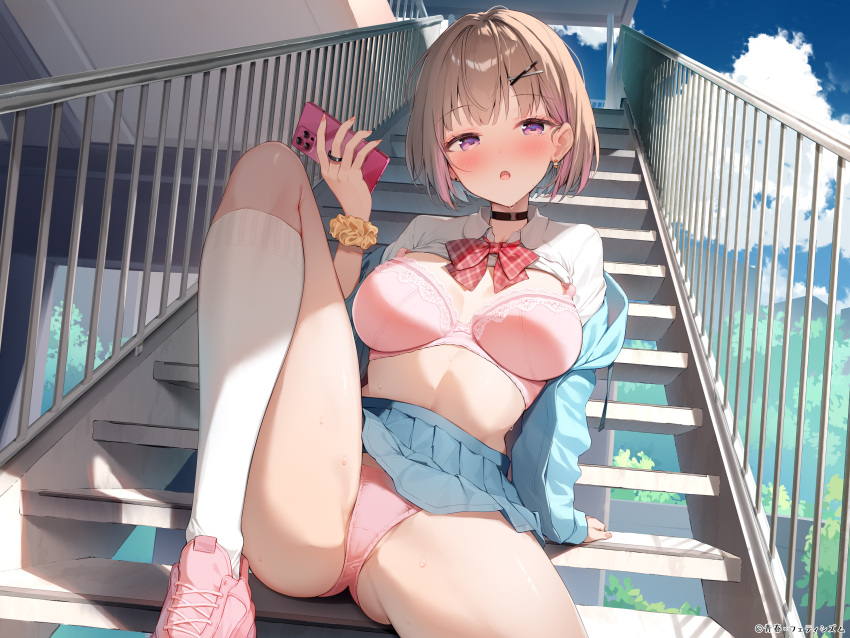 1girl :o arm_support black_choker blue_hair blue_jacket blue_sky blush bra breasts brown_hair cellphone choker cloud collared_shirt hair_ornament hairclip highres holding holding_phone jacket jewelry knee_up kneehighs long_hair long_sleeves medium_breasts multicolored_hair nijihashi_sora non-web_source open_clothes open_mouth open_shirt original panties phone pink_bra pink_footwear pink_hair pink_panties pleated_skirt purple_eyes railing ring school_uniform scrunchie shirt shoes short_hair skirt sky smartphone sneakers socks solo stairs tree underwear white_shirt white_socks wrist_scrunchie x_hair_ornament
