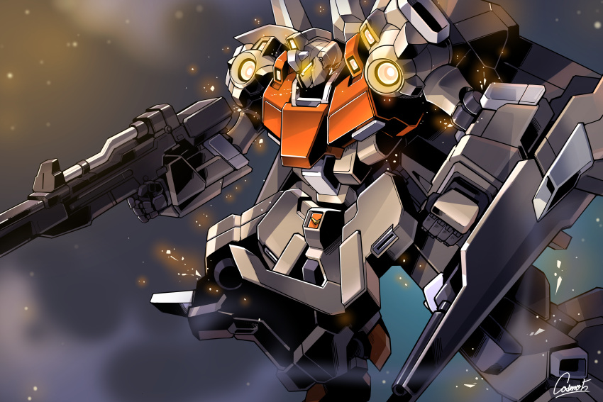 absurdres assault_visor beam_rifle cosmo-5 dual_wielding energy_gun finger_on_trigger flying gun gundam gundam_unicorn highres holding holding_gun holding_weapon light_particles mobile_suit no_humans rezel rezel_type-c science_fiction signature smoke solo thrusters weapon