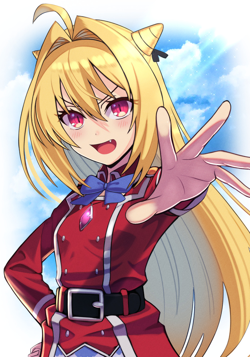 1girl :d absurdres belt black_belt blonde_hair blue_bow blue_bowtie blush bow bowtie cloud cone_hair_bun double_bun fang gem hair_between_eyes hair_bun hand_on_own_hip highres hikikomari_kyuuketsuki_no_monmon jacket light_blush long_hair long_sleeves looking_at_viewer open_mouth outstretched_hand pink_eyes red_jacket silverchariotx sky smile solo terakomari_gandezblood upper_body