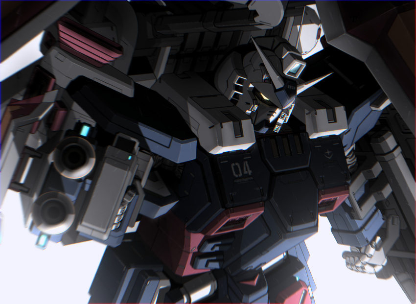 aiming aiming_at_viewer arm_shield aron_e beam_cannon commentary earth_federation_space_forces foreshortening full_armor_gundam gundam gundam_thunderbolt highres mecha mecha_focus mobile_suit no_humans outstretched_arm robot science_fiction solo upper_body v-fin white_background yellow_eyes