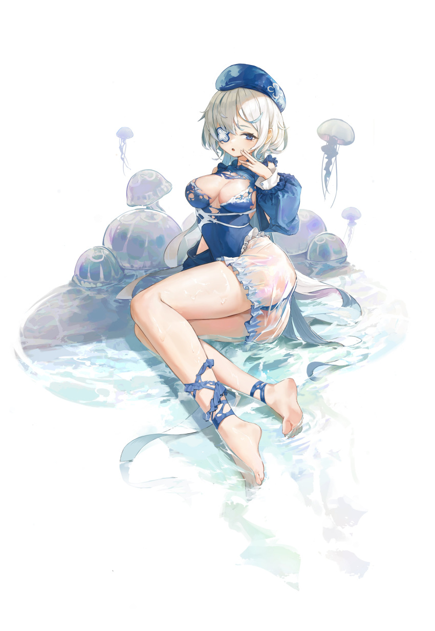 1girl 723_chfhrqur :o absurdres ass bare_legs barefoot blue_dress blue_eyes blue_hair blue_headwear blue_ribbon blue_theme breasts caustics character_request cleavage colored_inner_hair copyright_request covered_navel dress english_commentary eyepatch frilled_dress frilled_shorts frills full_body hand_up hat highres jellyfish leg_ribbon legs light_blue_hair long_hair looking_at_viewer lying multicolored_hair on_side open_mouth revealing_clothes ribbon shorts soaking_feet soles solo thighs toes torn_clothes torn_dress two-tone_hair water wet wet_clothes wet_shorts white_background white_hair