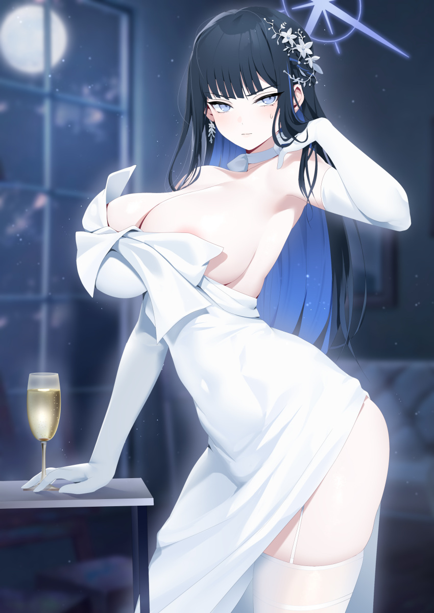 1girl absurdres areola_slip armpits ass been black_hair blue_archive blue_eyes blue_hair blue_halo breasts choker closed_mouth colored_inner_hair cowboy_shot cup dress earrings elbow_gloves gloves halo highres jewelry large_breasts long_hair looking_at_viewer multicolored_hair official_alternate_costume saori_(blue_archive) saori_(dress)_(blue_archive) solo strapless strapless_dress thighhighs white_choker white_dress white_gloves white_thighhighs