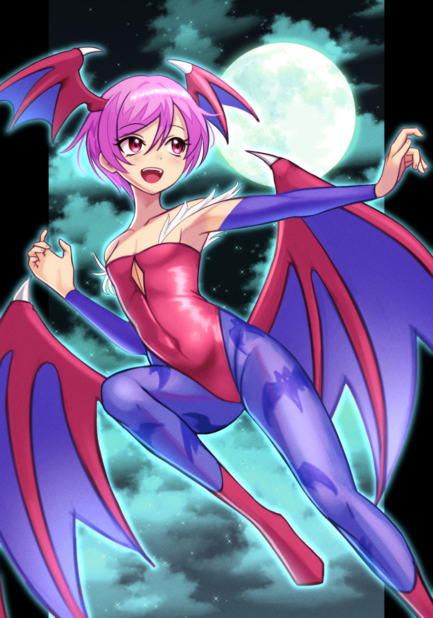 1girl :d absurdres animal_print bat_print bat_wings cloud flat_chest flying full_body head_wings highres large_wings leotard lilith_aensland looking_up moon open_mouth pantyhose pillarboxed pink_eyes pink_footwear pink_hair pink_leotard print_pantyhose purple_pantyhose purple_sleeves short_hair silverchariotx smile solo strapless strapless_leotard teeth upper_teeth_only vampire_(game) wings