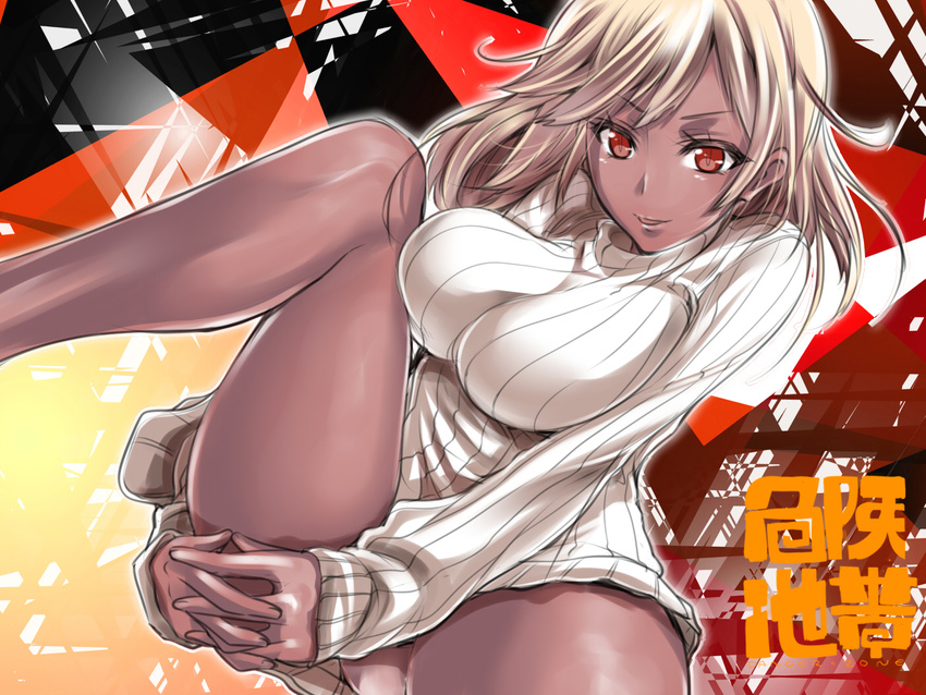 blonde_hair breasts dark_skin dutch_angle ganguro large_breasts leg_hug naked_sweater open_mouth original ribbed_sweater short_hair smile solo sweater tokita_monta