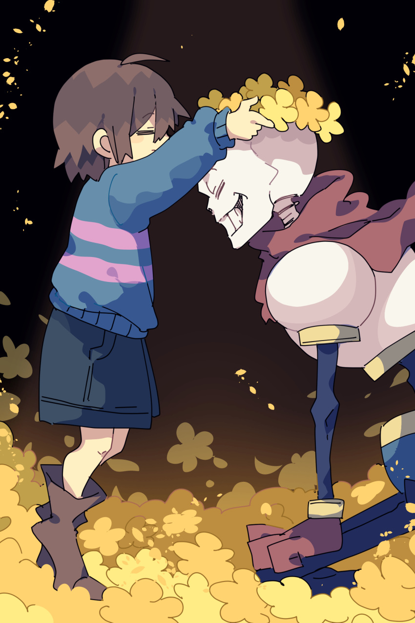 1boy 1other =_= absurdres ahoge androgynous ankle_boots black_background blue_shorts blue_sweater boots brown_footwear brown_hair cape child closed_eyes commentary dressing_another field flower flower_field flower_wreath frisk_(undertale) from_side full_body gloves grin hair_between_eyes head_wreath highres long_sleeves nikorashi-ka papyrus_(undertale) profile red_cape red_gloves seiza short_hair shorts sitting skeleton smile spotlight standing sweater tiptoes undertale yellow_flower