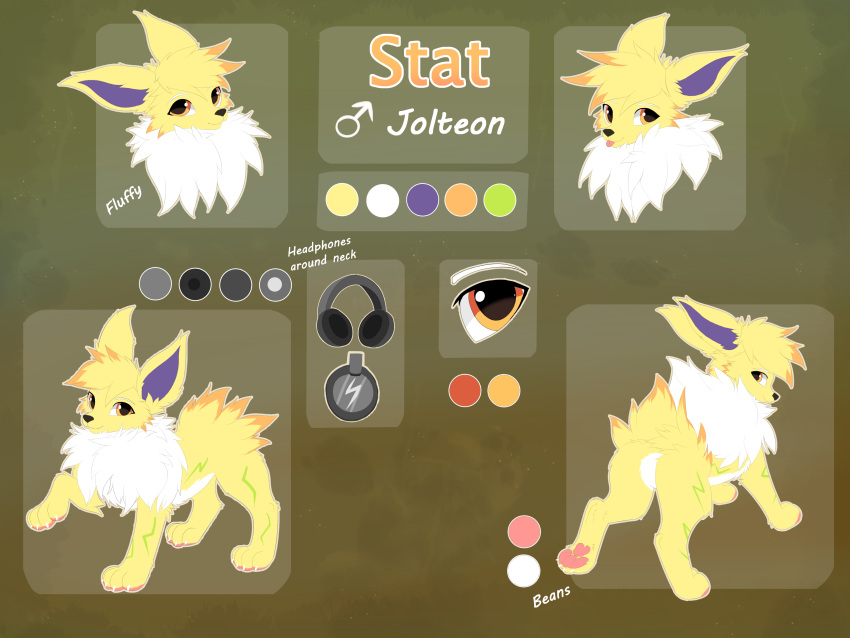 4:3 absurd_res black_nose blonde_hair butt canid canine claws color_swatch digital_media_(artwork) eeveelution electronics eyebrows feral flat_colors fluffy front_view fur fur_markings generation_1_pokemon hair headphones hi_res joeumbre jolteon lightning_bolt looking_at_viewer looking_away male mammal markings model_sheet nintendo orange_body orange_eyes orange_fur pawpads paws pokemon pokemon_(species) purple_body purple_fur rear_view simple_background solo stat_(mikunifox) symbol tailless teasing white_claws white_eyebrows yellow_body yellow_fur