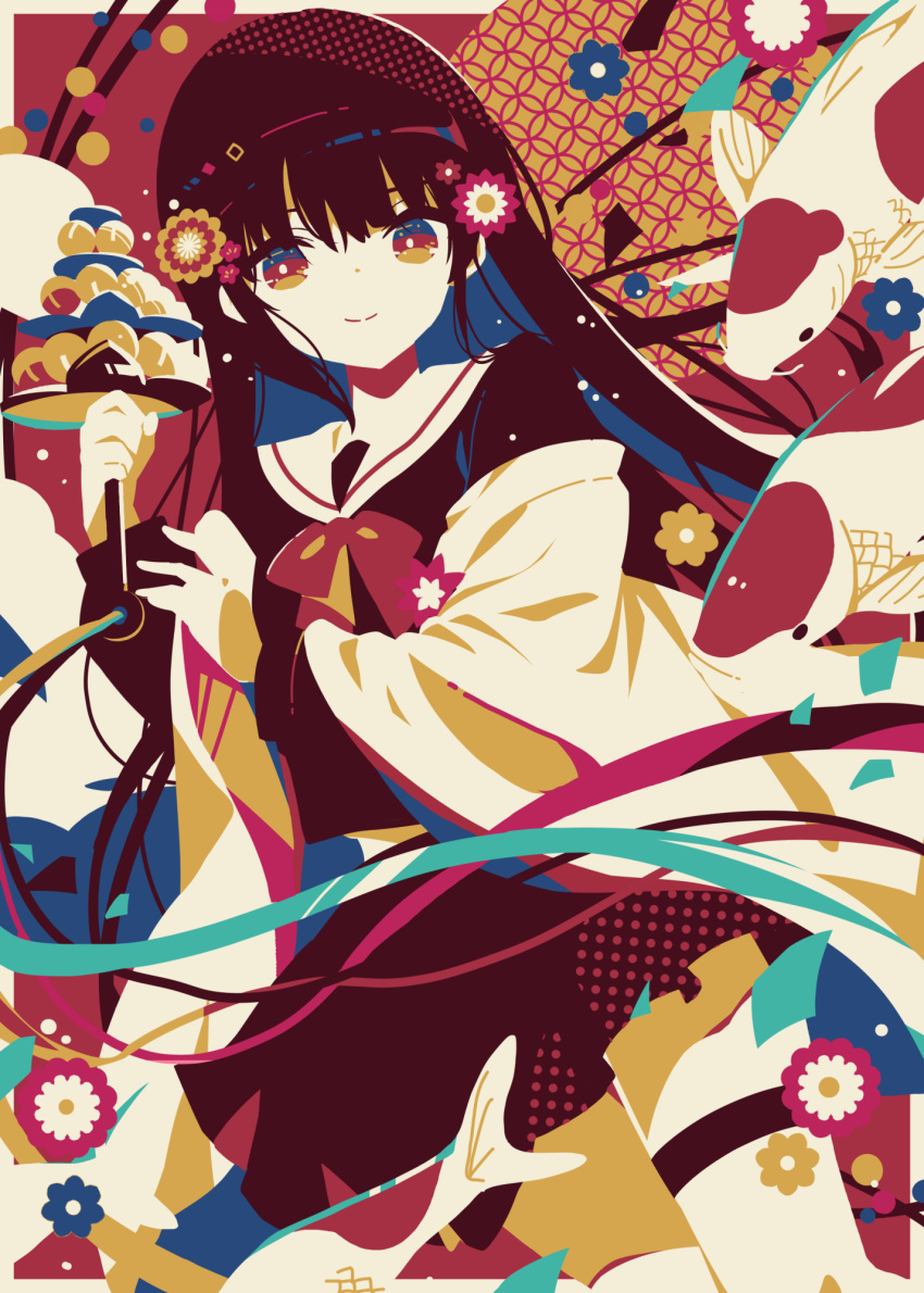 1girl bell blue_flower blue_hair bow bowtie bright_pupils colored_inner_hair commentary_request cowboy_shot dot_nose dutch_angle fish flat_color flower flying_fish hair_flower hair_ornament halftone_texture highres holding_tiered_tray jacket jingle_bell kagura_suzu koi limited_palette long_hair long_sleeves mochigome_(ununquadium) multicolored_background multicolored_hair no_lineart off_shoulder open_clothes open_jacket original red_background red_bow red_bowtie red_eyes red_hair red_serafuku red_skirt red_theme sailor_collar school_uniform serafuku shippou_(pattern) skirt split_mouth thigh_strap thighs tiered_tray white_flower white_pupils yellow_background yellow_flower