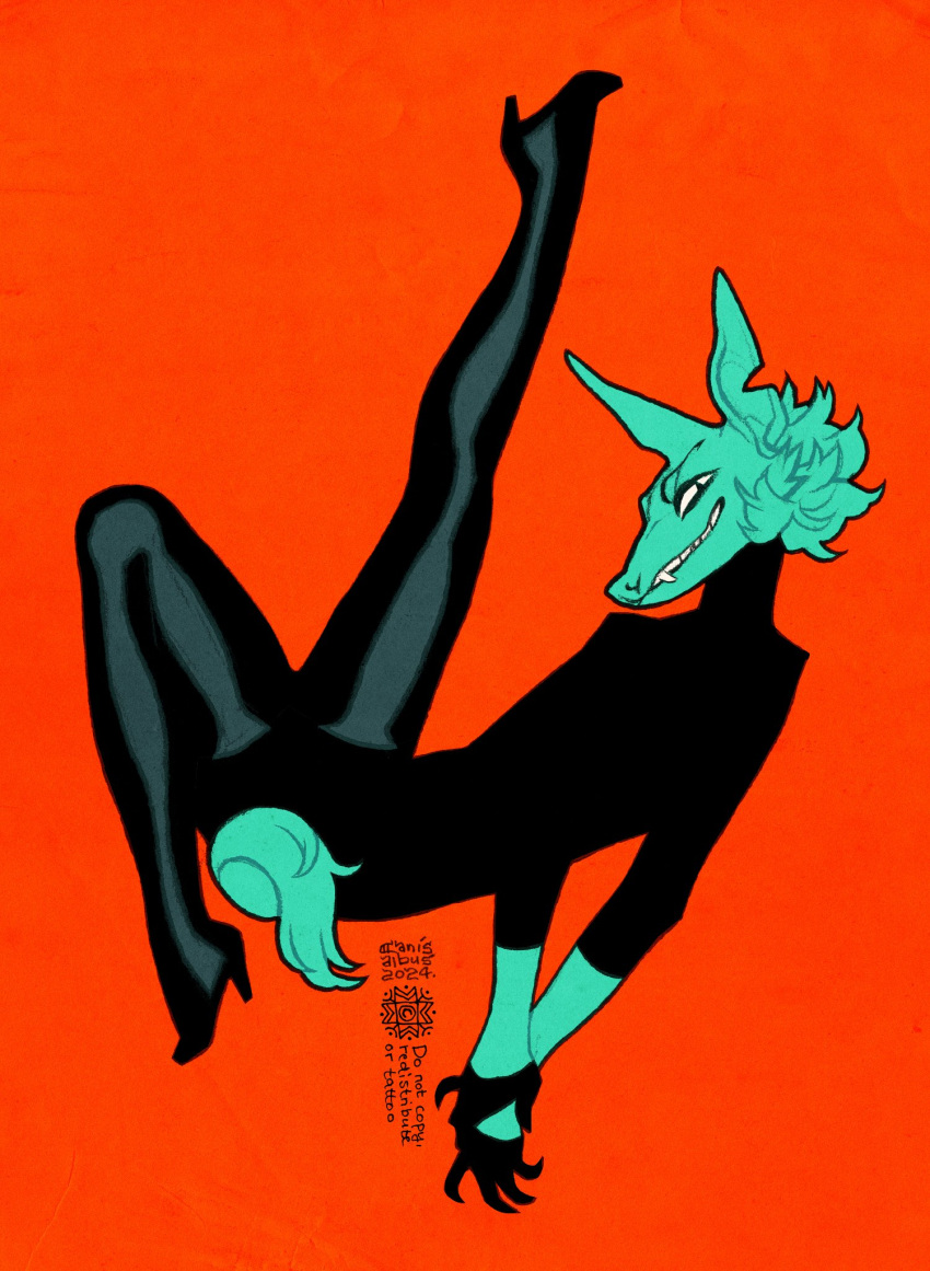 ambiguous_gender anthro black_clothing bovid caprine clothing fangs_bared footwear fur gloves goat green_body green_fur handwear hi_res high_heels kalpeakoira looking_at_viewer mammal red_background sharp_fangs simple_background slim_ambiguous slim_anthro smile solo tight_clothing white_fangs