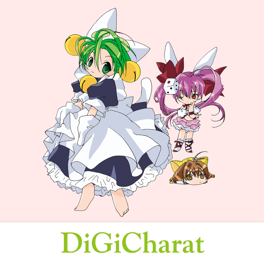 absurdly_long_hair album_cover animal_ears animal_hat barefoot bell bow brown_eyes brown_hair cat_hat cat_tail chibi commentary copyright_name cover dejiko di_gi_charat english_commentary frilled_skirt frills full_body green_eyes green_hair hair_bell hair_intakes hair_ornament hat highres index_finger_raised layered_skirt long_hair low-tied_medium_hair maid medium_hair neck_bell official_alternate_color official_alternate_costume official_art pink_hair pink_skirt posing puchiko rabbit_ears red_bow red_eyes red_ribbon ribbon ribbon-trimmed_socks short_hair skirt socks tail usada_hikaru very_long_hair white_skirt white_socks