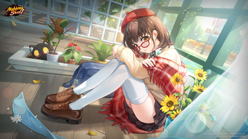 1girl artist_request bag beret black_shirt brown_eyes brown_footwear crossed_arms flower glasses hat highres indoors leggings light_brown_hair looking_at_viewer looking_over_eyewear mahjong_soul mahjong_tile medium_hair ninomiya_hana official_art official_wallpaper on_floor petals plant plant_request potted_plant red-framed_eyewear red_headwear red_scarf scarf school_bag shirt sitting solo sunflower sunlight sweater thighhighs white_leggings window yellow_sweater