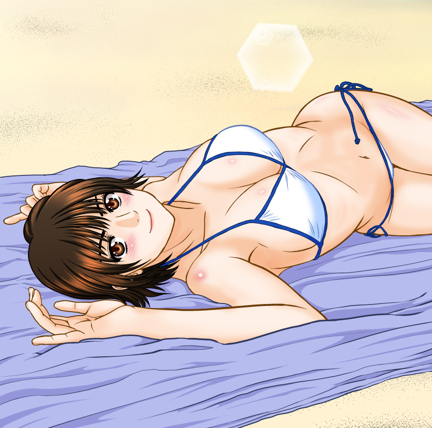 1girl absurdres bikini blue_towel blush breasts brown_eyes brown_hair highres looking_at_viewer lying navel ohtanijiro original sand short_hair side-tie_bikini_bottom solo swimsuit towel two-tone_bikini white_bikini