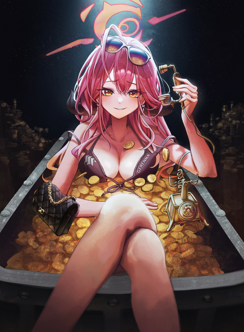 1girl absurdres aru_(blue_archive) bag bikini black_bikini black_horns blue_archive blush breasts cleavage coin collarbone corded_phone demon_horns eyewear_on_head feet_out_of_frame hach_190 hair_between_eyes halo highres holding holding_phone horns large_breasts long_hair open_mouth phone pink_hair pink_halo smug solo sunglasses swimsuit yellow_eyes