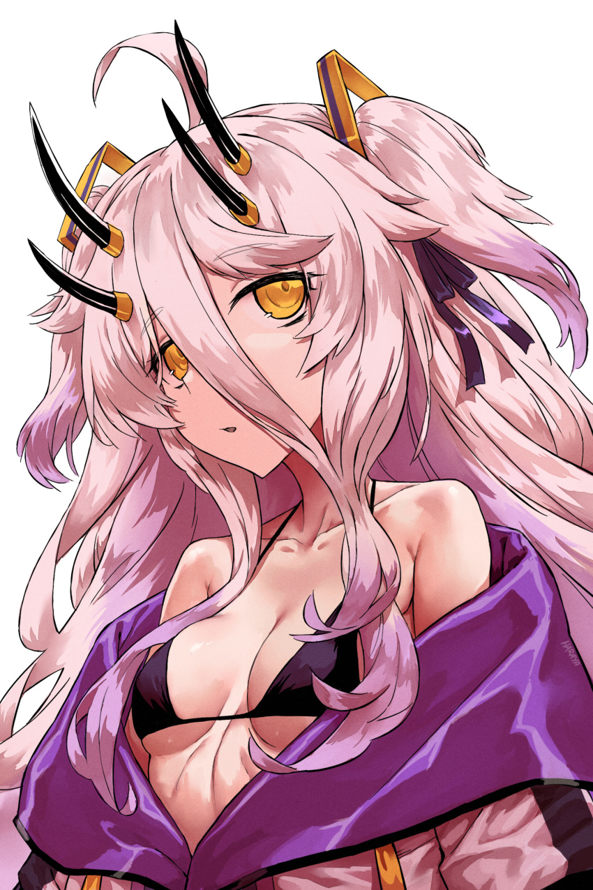 1girl ahoge black_bra black_horns bra breasts dress gradient_hair grey_hair hair_between_eyes hair_ornament haraya_manawari henya_the_genius henya_the_genius_(1st_costume) highres horns jacket long_bangs long_hair looking_at_viewer multicolored_hair purple_dress purple_hair purple_jacket purple_ribbon ribbon sidelocks small_breasts solo two_side_up underwear virtual_youtuber vshojo yellow_eyes