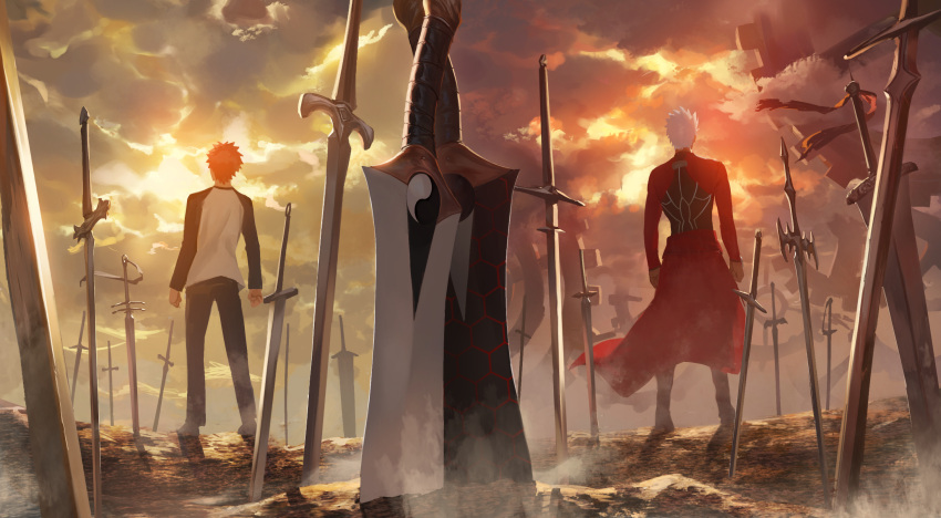 2boys archer_(fate) cloud cloudy_sky coat dark-skinned_male dark_skin emiya_shirou fate/stay_night fate_(series) from_behind gears highres kanshou_&amp;_bakuya_(fate) male_focus multiple_boys pants planted planted_sword red_coat red_hair sky split_theme sword twilight unlimited_blade_works_(fate) weapon white_hair zonotaida