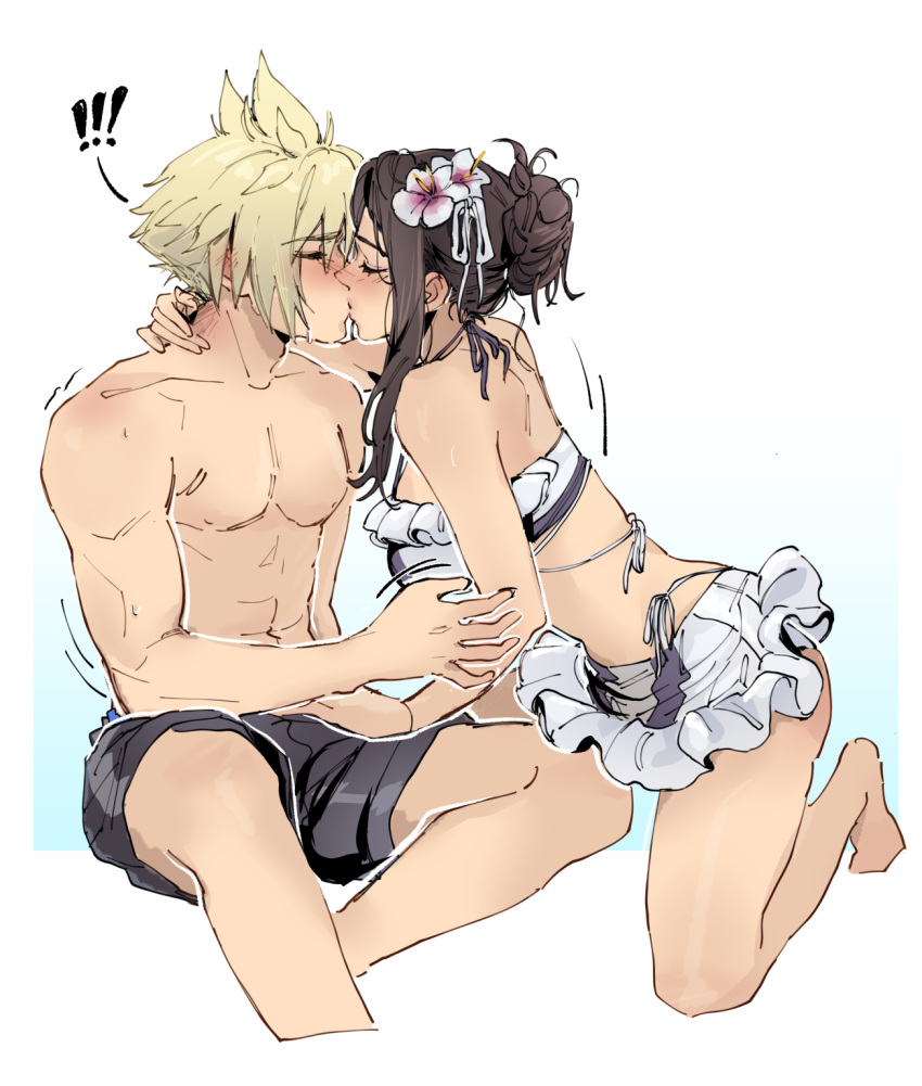 1boy 1girl bare_legs barefoot bikini bikini_skirt black_hair blonde_hair closed_eyes cloud_strife cloud_strife_(wild_surf) couple cropped_legs final_fantasy final_fantasy_vii final_fantasy_vii_rebirth final_fantasy_vii_remake flower frilled_bikini frills hair_bun hair_flower hair_ornament hetero highres kiss male_swimwear official_alternate_costume official_alternate_hairstyle pudelmudel swim_trunks swimsuit tifa_lockhart tifa_lockhart_(shining_spirit)