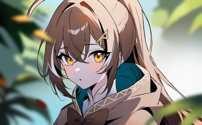 1girl :o absurdres blurry blush brown_capelet brown_cloak brown_eyes brown_hair capelet cloak crossed_bangs depth_of_field double-parted_bangs foliage hair_ornament hairclip highres hololive hololive_english hood hooded_cloak izlan long_hair looking_at_viewer nanashi_mumei nanashi_mumei_(1st_costume) open_mouth ponytail ribbon shirt tree very_long_hair virtual_youtuber white_shirt