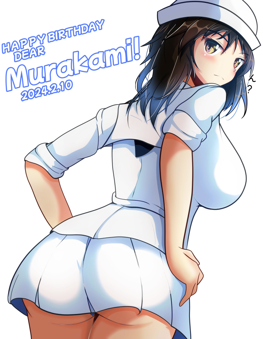 1girl absurdres ass black_hair blush breasts brown_eyes closed_mouth dated dress girls_und_panzer hands_on_own_hips happy_birthday hat highres kumaisao large_breasts long_hair looking_at_viewer looking_back microskirt military_uniform murakami_(girls_und_panzer) sailor_dress simple_background skirt solo uniform white_background