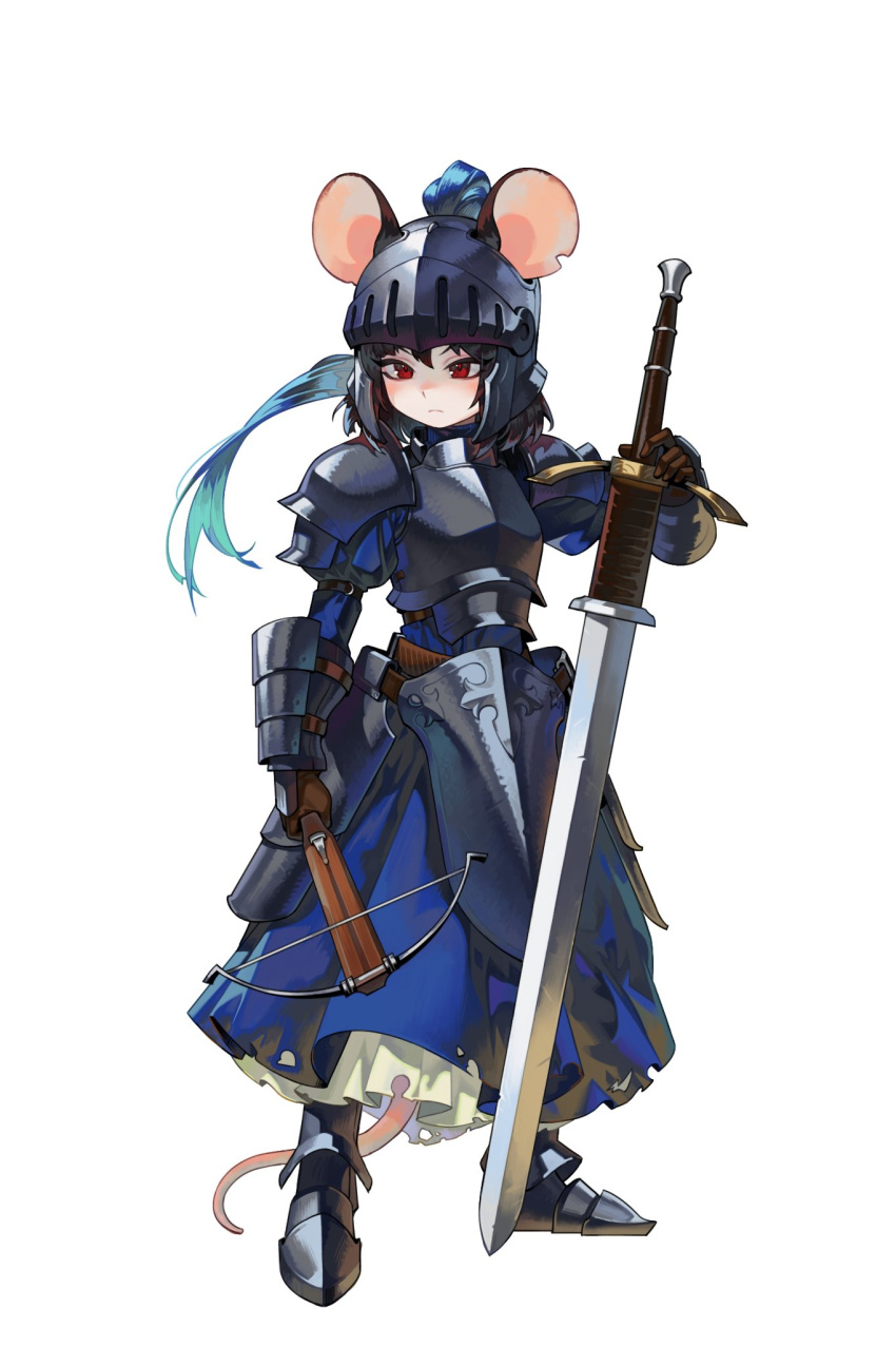 1girl animal_ears armor armored_dress black_hair blue_hair crossbow dress faulds gauntlets gemi_ningen greatsword hair_through_headwear hands_on_hilt helmet highres holding holding_crossbow holding_weapon long_hair looking_at_viewer mouse_ears mouse_girl mouse_tail original ponytail red_eyes solo sword tail weapon zweihander