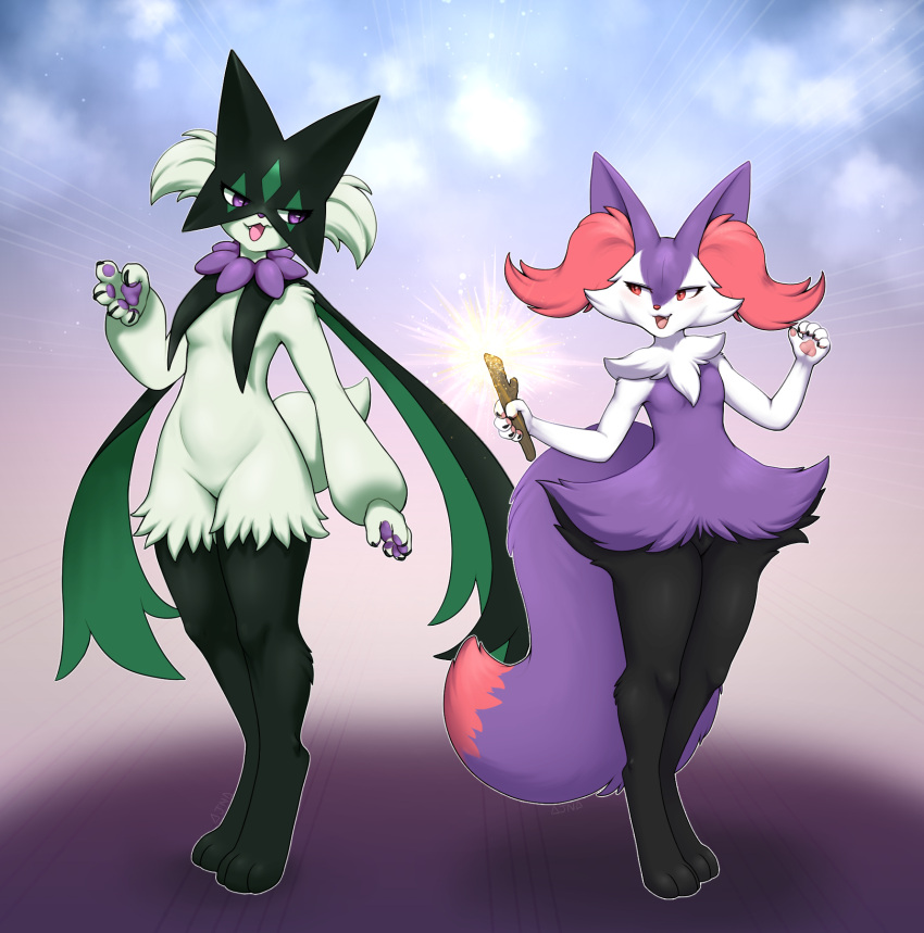 ajna anthro braixen canid canine domestic_cat felid feline felis fennec_fox fox furry generation_6_pokemon generation_9_pokemon hi_res invalid_tag mammal meowscarada nintendo pinup pokemon pokemon_(species) pose sapphic shiny_pokemon true_fox wide_hips