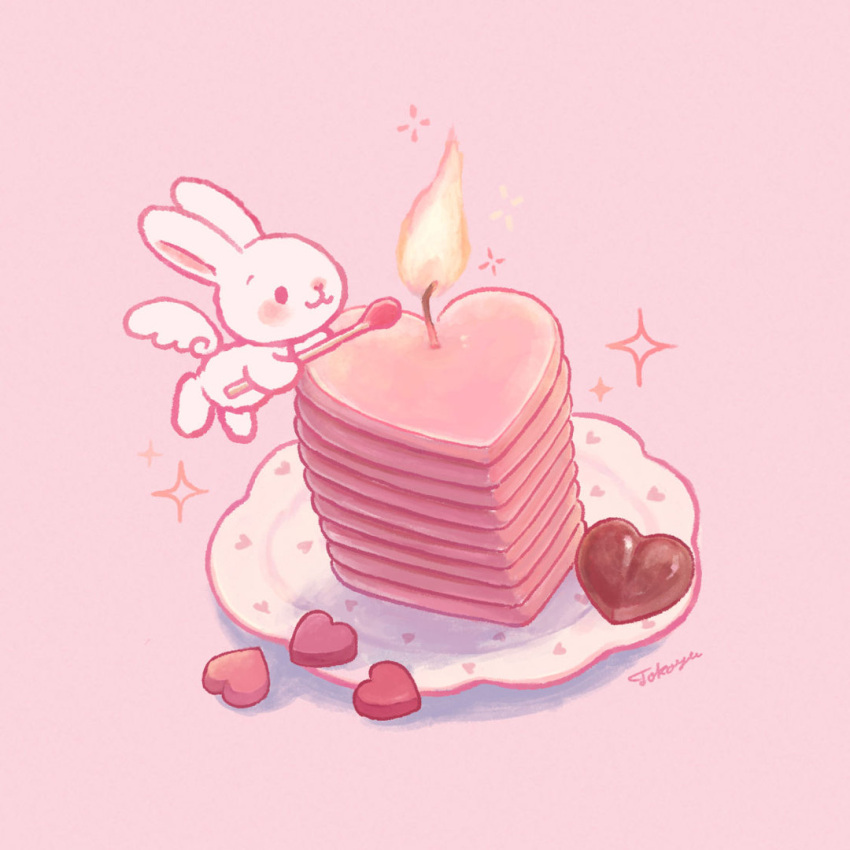 artist_name blush candle candy chocolate commentary_request fire flying food heart heart-shaped_chocolate holding holding_matchstick matches midair no_humans object_focus original pink_background pink_theme rabbit signature simple_background solo sparkle sweets tokoyu white_rabbit_(animal)