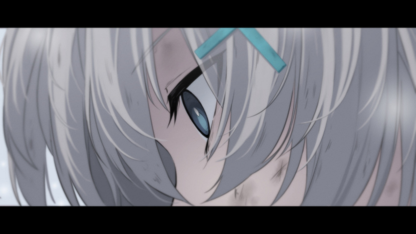 1girl aged_down amnesia blue_archive blue_eyes blurry bruise commentary cross_hair_ornament depth_of_field grey_hair hair_between_eyes hair_ornament injury junu_(jwoo5627) outdoors parted_lips profile revision shiroko_(blue_archive) shiroko_(young)_(blue_archive) short_hair sidelocks snowing solo surprised symbol-only_commentary