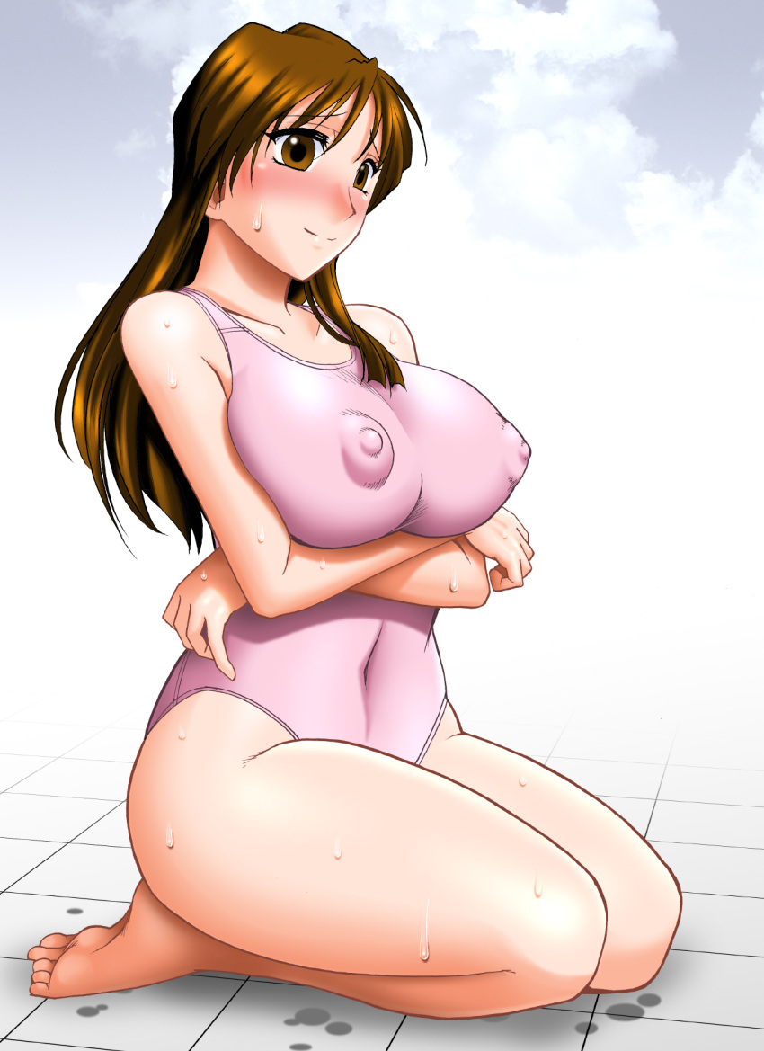 1girl arms_under_breasts blush breasts brown_eyes brown_hair covered_nipples highres kneeling kurihara_mari large_breasts long_hair mokkouyou_bond navel nipples one-piece_swimsuit pink_one-piece_swimsuit self_hug shiny_skin sleeveless smile solo super_real_mahjong sweat swimsuit