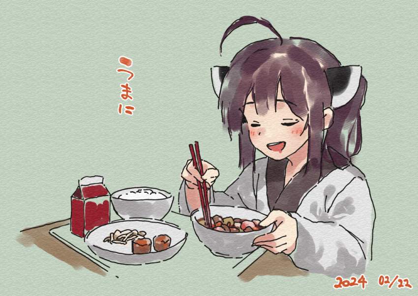 1girl :d ahoge blush bowl brown_hair chopsticks closed_eyes dated facing_viewer food food_request green_background headgear holding holding_chopsticks japanese_clothes kimono lamb_(hitsujiniku) long_sleeves rice rice_bowl simple_background smile solo table touhoku_kiritan translation_request twintails voiceroid white_kimono wide_sleeves