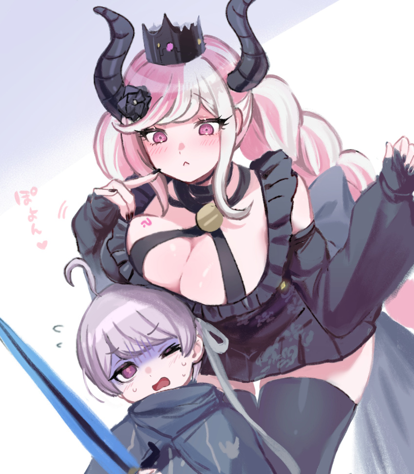 1boy 1girl black_dress black_flower black_horns black_nails black_thighhighs braid breast_press breast_rest breasts breasts_on_head cleavage commentary_request crown detached_sleeves dress finger_to_cheek fingerless_gloves flower gloves hands_up highres holding holding_sword holding_weapon horns large_breasts leaning_forward long_hair looking_at_another looking_down master_detective_archives:_rain_code multicolored_hair nail_polish open_mouth pink_eyes pink_hair purple_eyes purple_hair shinigami_(rain_code) short_dress short_hair sidelocks sweatdrop sword thick_thighs thighhighs thighs translation_request turn_pale twin_braids two-tone_hair very_long_hair weapon white_hair yuma_kokohead zutazutako