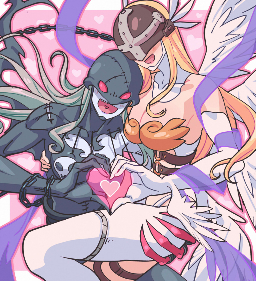 2girls angel_wings angewomon ass_grab bare_shoulders black_bodysuit blonde_hair blue_skin bodysuit breasts chain cleavage colored_skin covered_eyes digimon eye_mask feathered_wings futa_yuri_ryona grey_hair head_wings heart heart_hands heart_hands_duo heart_in_mouth helmet highres ladydevimon large_breasts long_hair multiple_girls multiple_wings red_eyes ribbon sharp_teeth teeth torn_bodysuit torn_clothes wings yuri