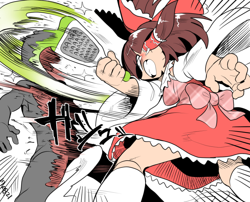 1girl 1other angry apron back_bow blood blush bow brown_hair clenched_teeth commentary_request cookie_(touhou) cutting detached_sleeves dress emphasis_lines feet_out_of_frame frilled_bow frilled_hair_tubes frills grater hair_bow hair_tubes hakurei_reimu holding long_hair medium_bangs pink_apron pink_bow red_bow red_dress rurima_(cookie) sidelocks sleeveless sleeveless_dress socks solo_focus teeth tetugakuzonbi touhou white_sleeves white_socks