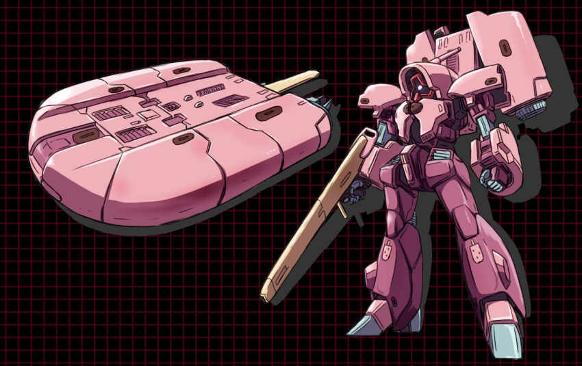 aircraft asshimar beam_rifle commentary_request concept_art energy_gun food grid_background gundam machinery mecha military mobile_suit multiple_views niiyan no_humans one-eyed original popsicle redesign robot science_fiction sketch spacecraft starfighter transformation weapon